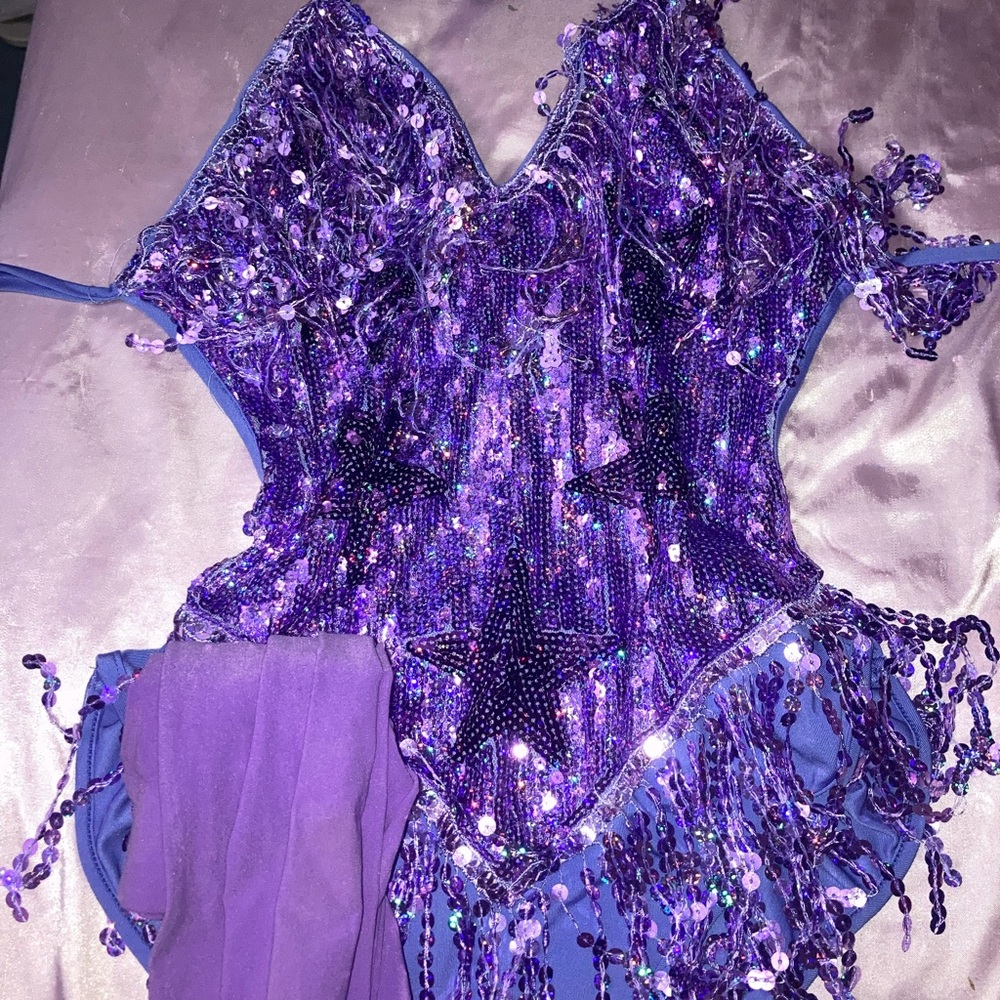 Purple Sequined Bodysuit | Star Details | Showgirl Bodysuit Tights Included